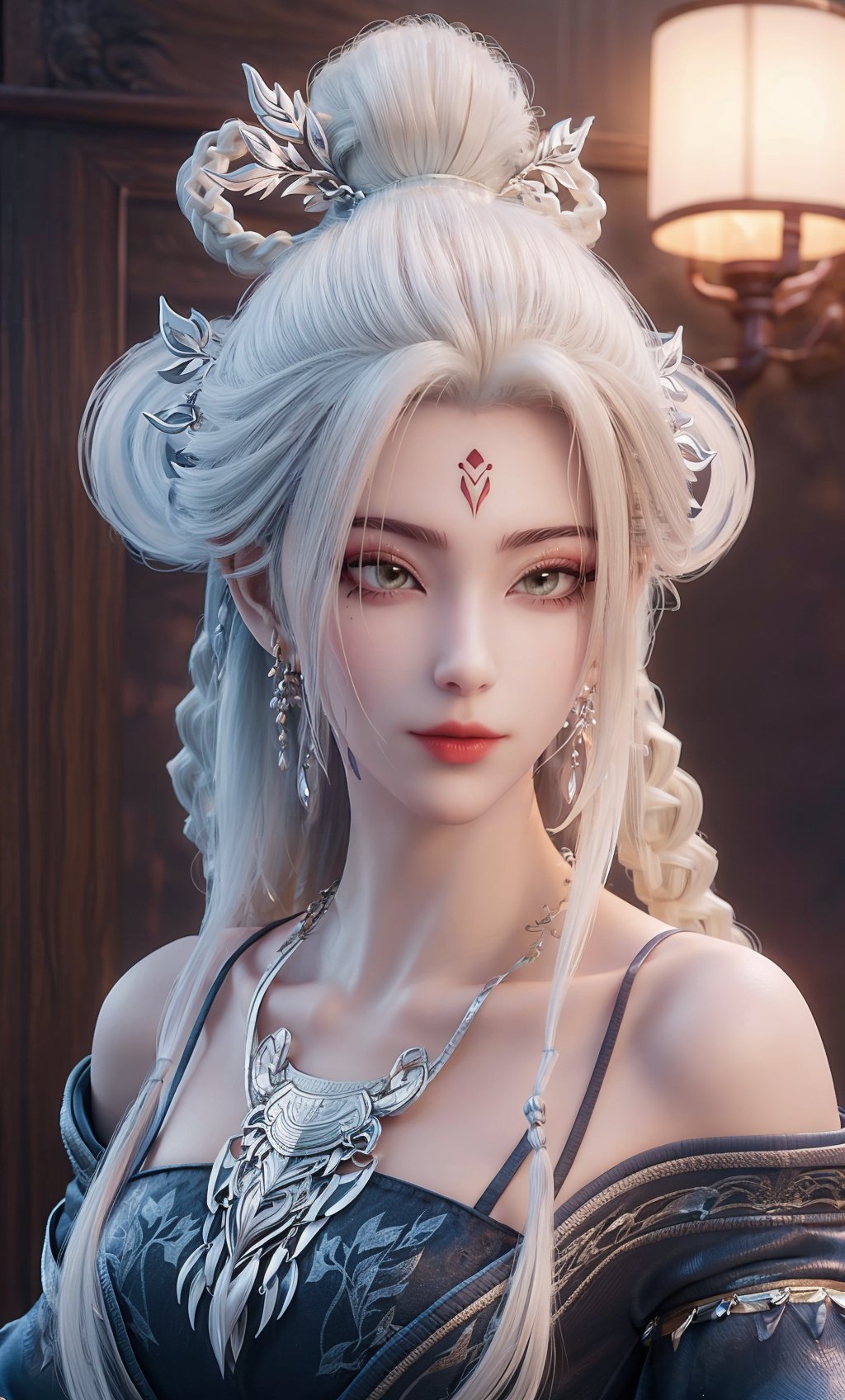 ,,masterpiece,(best quality),white hair,official art,extremely detailed cg 8k wallpaper,(extremely delicate and beautiful),solo,realistic,photo_\(medium\),portrait,(bare shoulders,gown,bracelet,chinese clothes,necklace,jewelry,long hair,detached sleeves,solo),adfxx0.75NOST4,1girl,forehead mark,multiple braids,hair bun,hair stick,braid,hair ornament,<lora:xiaobai_new_v2.1:0.7>,adfxx,