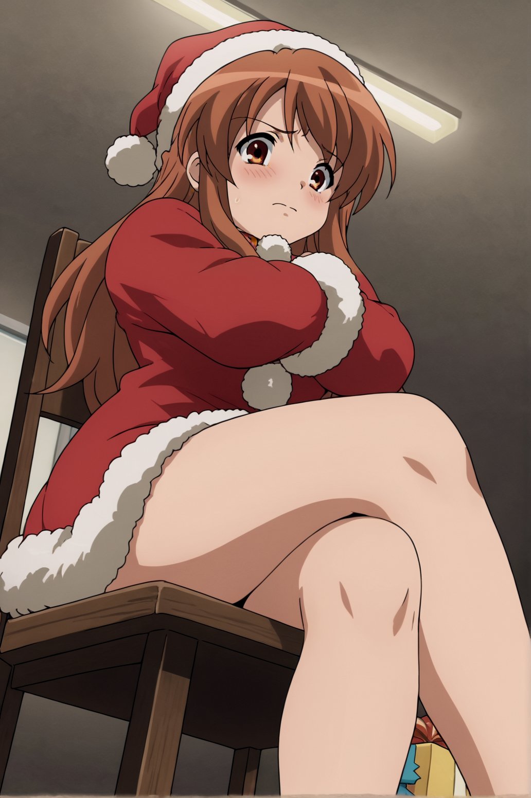 score_9, score_8_up, score_7_up,anime_source, source_anime, best background, detailed background, anime screencap,  Mikuru Asahina, Christmas Cosplay, sitting, chair, solo, crossed legs, crossed arms, from below, embarrassed, blush, looking away, <lora:JN_Mikuru_Asahina:0.8>