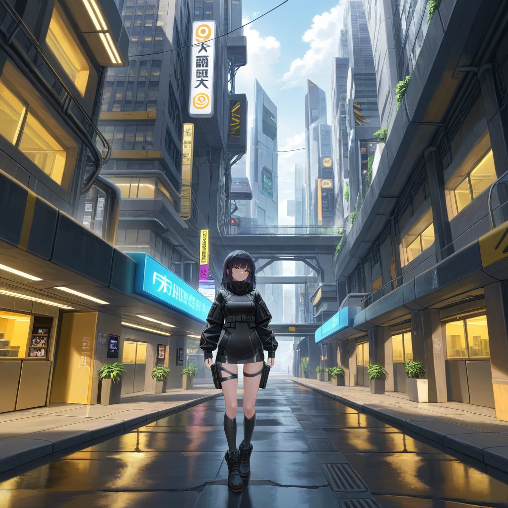 Techwear fashion, a0b, scenery, masterpiece, best quality, <lora:Ayuli2424PDXL32v0.92tx1-000009:0.84>, Futuristic, cyberpunk, urban, tactical, sleek, dark, highly detailed