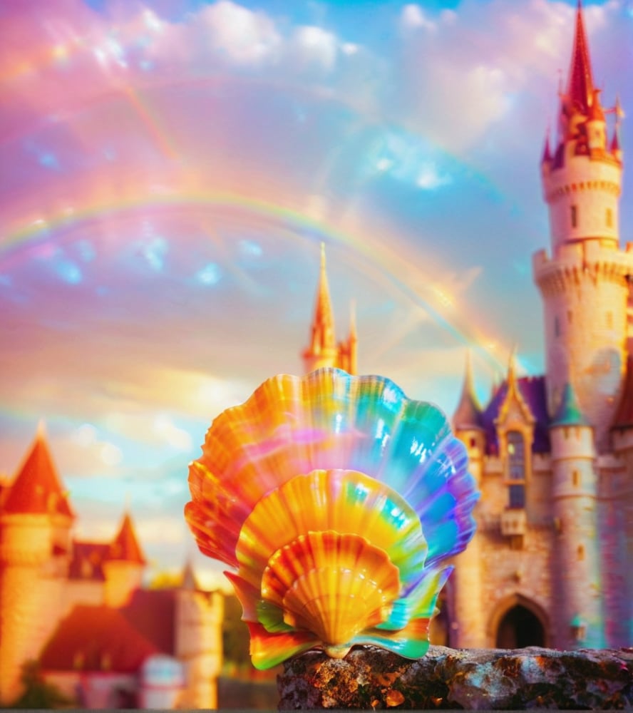 <lora:贝壳色彩-000004:0.8>,Shell rainbow colort theme,Dreamy atmosphere,blurry background,soft focus,outdoor,soft light,highres,(castle:1.5),