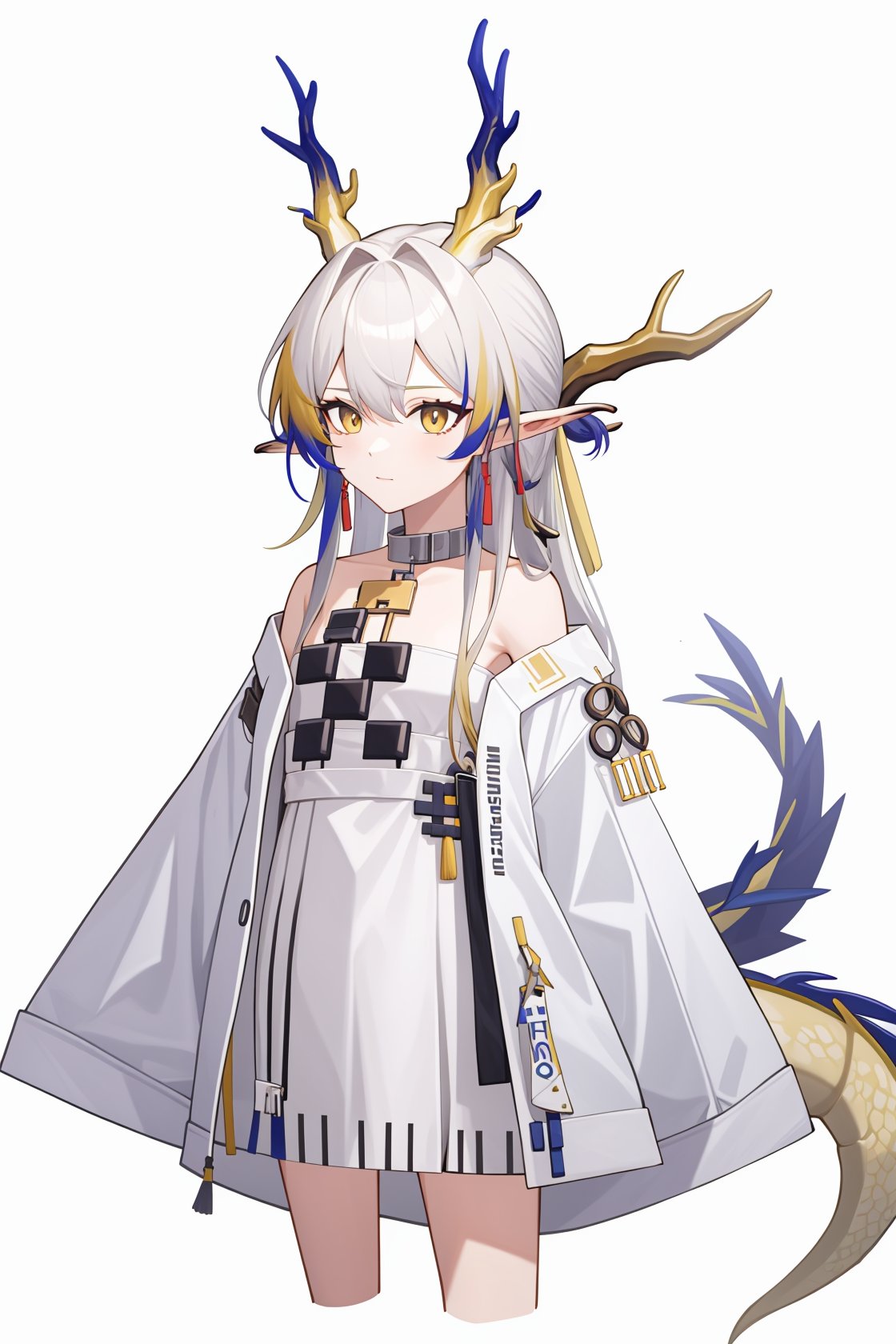 <lora:方舟黍:1:lbw=char>, 1girl,shu(/arknights),horns,high quality,long sleeves,white dress,yello gloves,white coat,dragon tail,tail,jewelry,solo,, (masterpiece,best quality:1.2),absurdres, high quality,