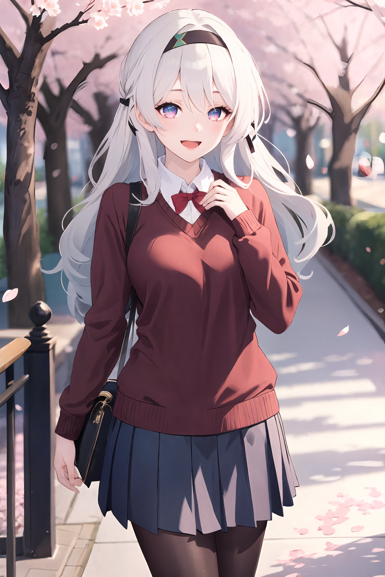 1girl, firefly \(honkai: star rail\), hairband, solo, school uniform, white shirt, sweater, pleated skirt, pantyhose, light smile, double v, looking at viewer, smile, open mouth, outdoors, street, cherry blossoms, petals, depth of field