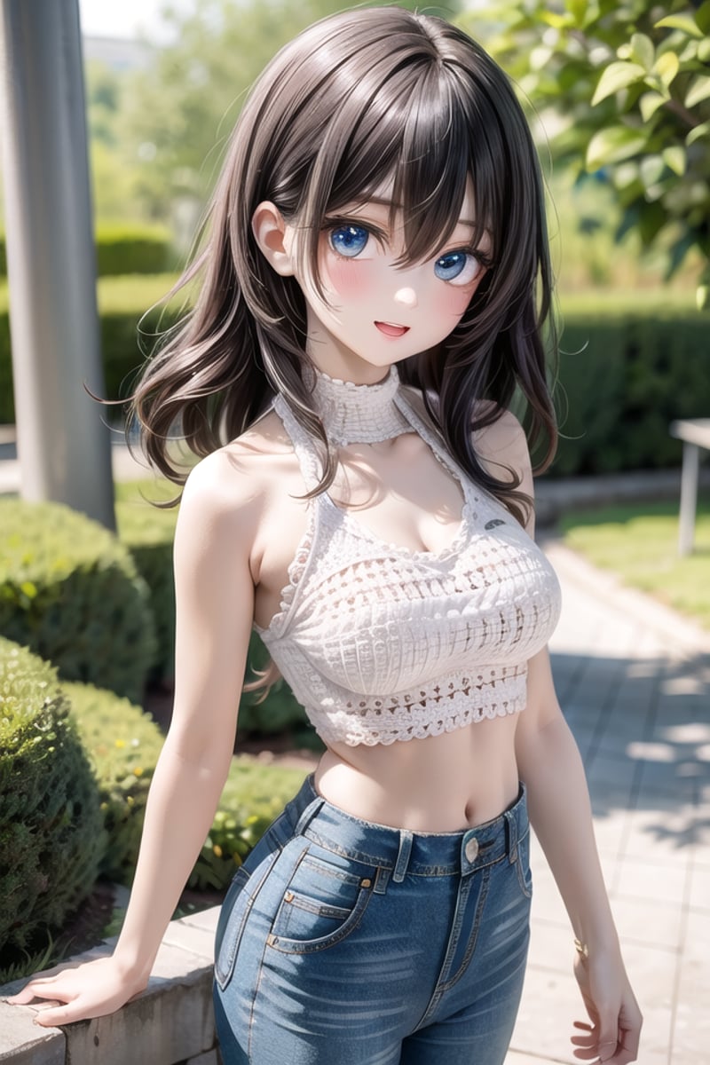 insanely detailed, absurdres, ultra-highres, ultra-detailed, best quality,1girl, solo, nice hands, perfect handsBREAK(white theme:1.4), (white crochet knit crop top:1.4), (halter neck:1.3),  ((sleeveless, bare shoulders, bare arms):1.3), (white pumps with heels:1.1)BREAK(denim palazzo pants:1.3), (ankle:1.3), (See-through:-1.5)BREAK(nsfw:-1.5)BREAKseductive smile, open mouthBREAK,standing, cowboy shot, looking at viewerBREAKslender, kawaii, perfect symmetrical face, ultra cute girl, ultra cute face, ultra detailed eyes, ultra detailed hair, ultra cute, ultra beautifulBREAKin forest, depth of field, ultra detailed backgroundBREAKlarge breastsBREAKbrown hair, brown eyes, curly hair, hair between eyes