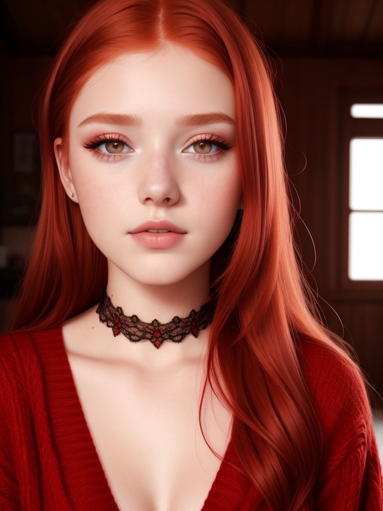 raw photo, (18yo redhead girl:1.2), makeup, rouge, neck lace choker, realistic skin texture, oversize knit jumper, red eyes, softcore, warm lighting, cosy atmosphere, Instagram style