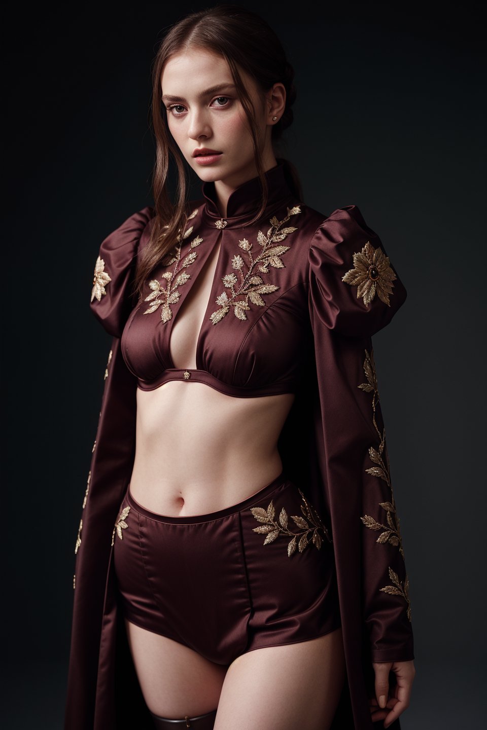 art by Hendrik Kerstens, Fashion photography of an appealing supermodel, wearing Iron and Embroidered Fabric fashion outfit, Anime screencap, Superflat, studio lighting, Cinestill 50, 800mm lens