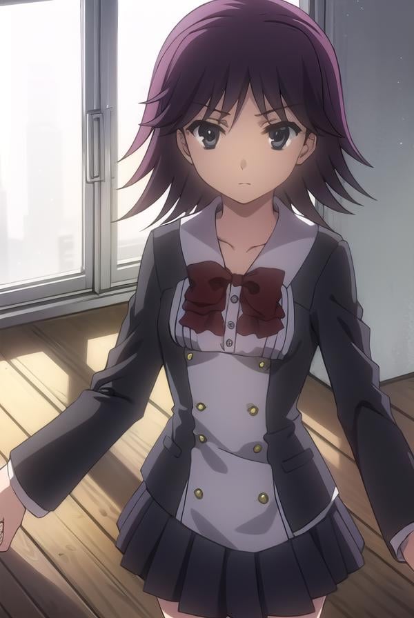 natsumikoizumi, <lora:natsumi koizumi s1-lora-nochekaiser:1>,natsumi koizumi, short hair, purple hair, (black eyes:1.5),BREAK skirt, thighhighs, school uniform, shoes, black thighhighs, zettai ryouiki, bow, red bow,BREAK indoors, classroom,BREAK looking at viewer, (cowboy shot:1.5),BREAK <lyco:GoodHands-beta2:1>, (masterpiece:1.2), best quality, high resolution, unity 8k wallpaper, (illustration:0.8), (beautiful detailed eyes:1.6), extremely detailed face, perfect lighting, extremely detailed CG, (perfect hands, perfect anatomy),