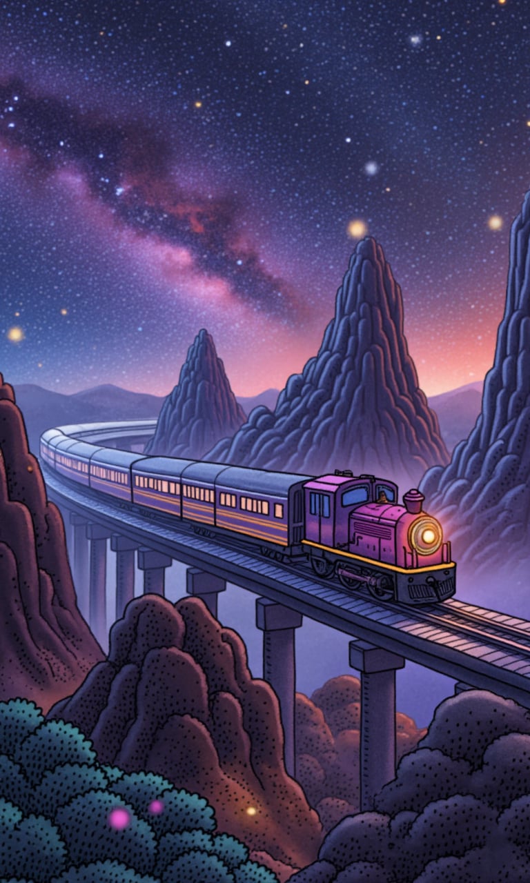 inter dimensional sci-fi train far future, travelling across the stars, cosmos, galaxy