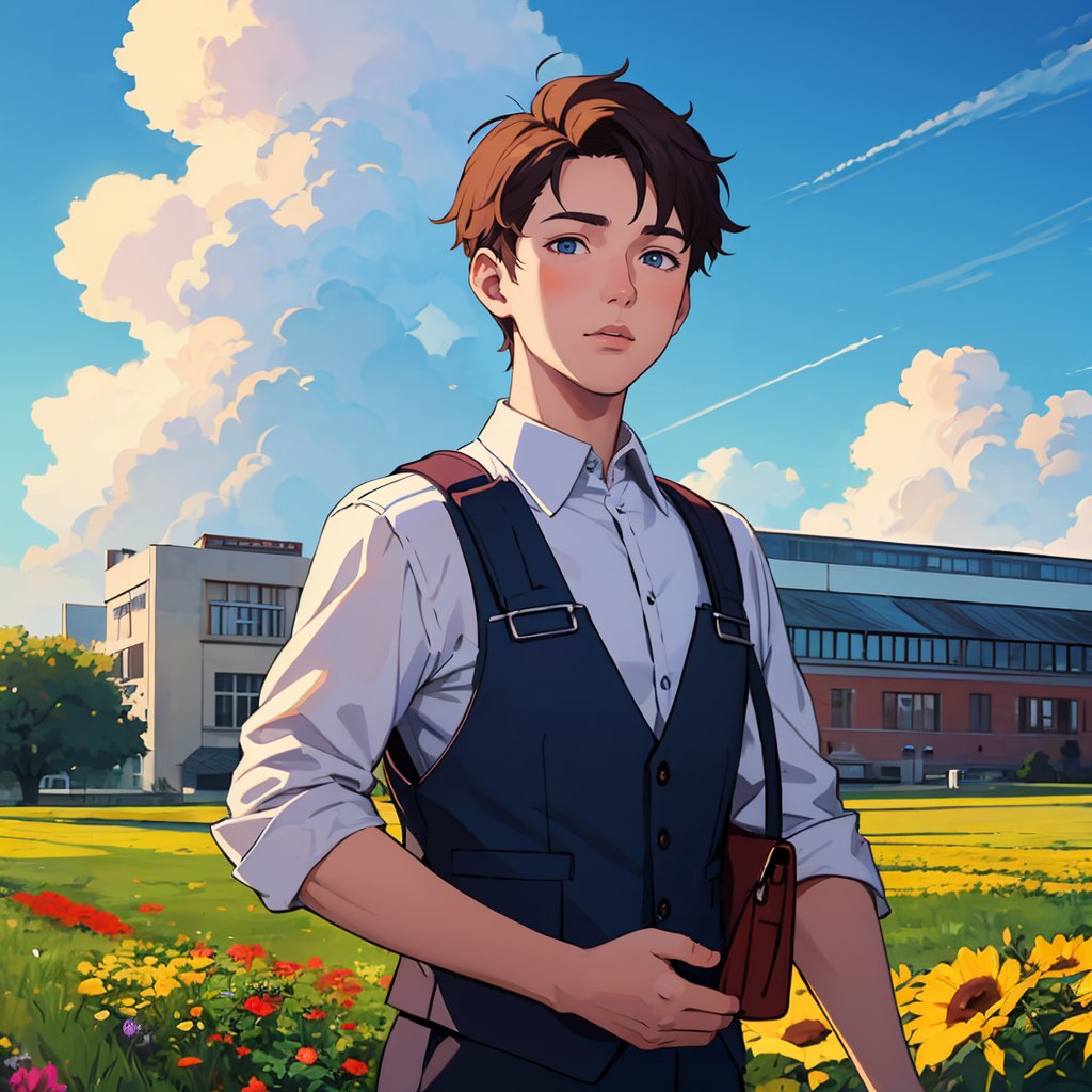 (best quality:1.4),(masterpiece:1.4),(8K:1.4),(extremely detailed:1.4),1boy,bag,blue sky,building,cloud,cloudy sky,day,flower,