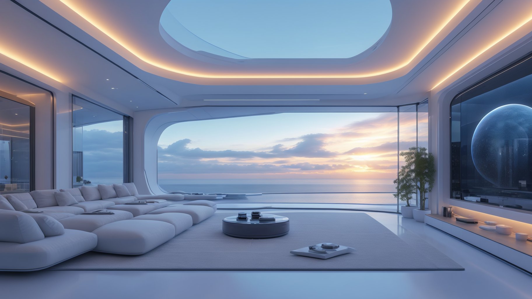 high-tech and innovative features, smart home automation system, virtual reality entertainment room, breathtaking views of the ocean and skyline, in a futuristic mansion,SHSJ 