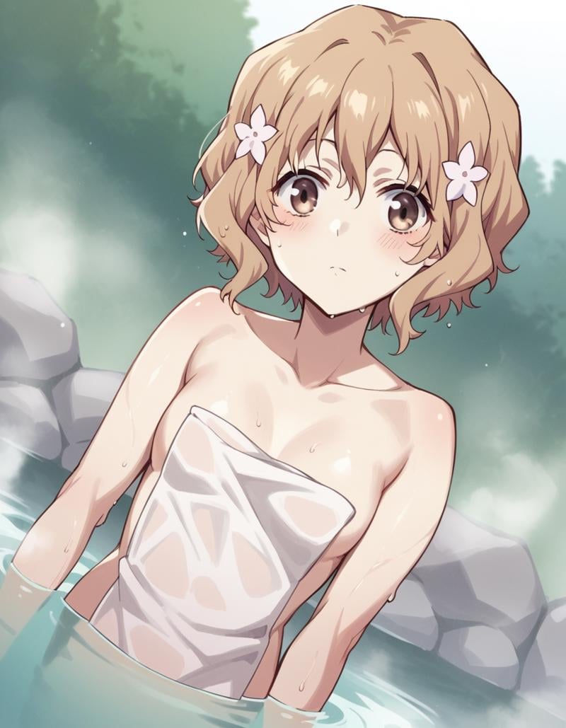 score_9, score_8_up, score_7_up, source_anime,ohanamatsumae, <lora:ohana-matsumae-s1-ponyxl-lora-nochekaiser:1>,ohana matsumae, short hair, brown hair, hair ornament, brown eyes, flower, hair flower,nude, naked, small breasts,outdoors, onsen, towel, naked towel, steam, bathing, nude cover, partially submerged, water, bath, steam censor, wet towel, blush,looking at viewer, cowboy shot, solo, dutch angle,