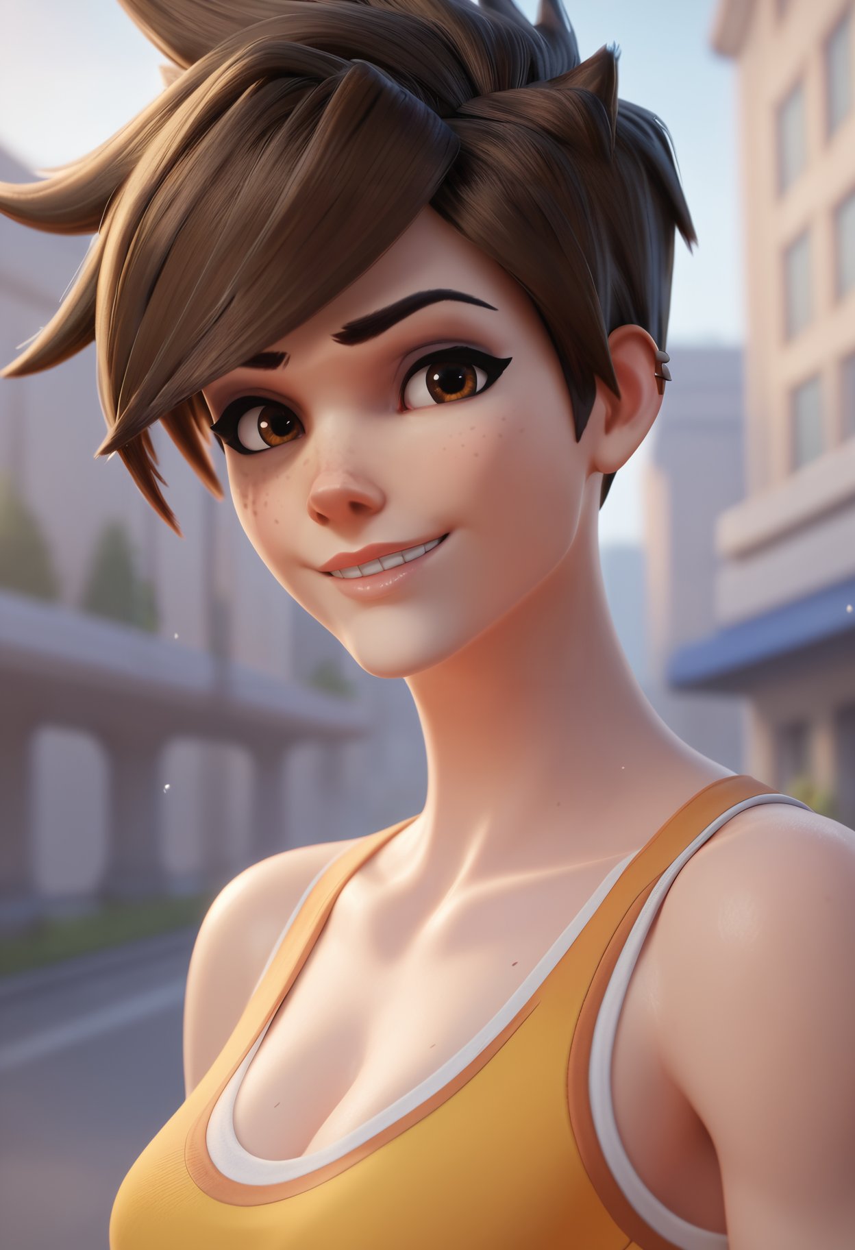 score_9,score_8_up,score_7_up,score_6_up ,source_overwatch <lora:overwatch_rule34_xl_pd_goofy_16:1> score_9, score_8_up, score_7_up,  1girl, solo, tracer \(overwatch\), portrait, upper body, smile, looking at viewer, depth of field, outdoors,city, tank top,brown eyes,blonde hair, short hair, spiked hair