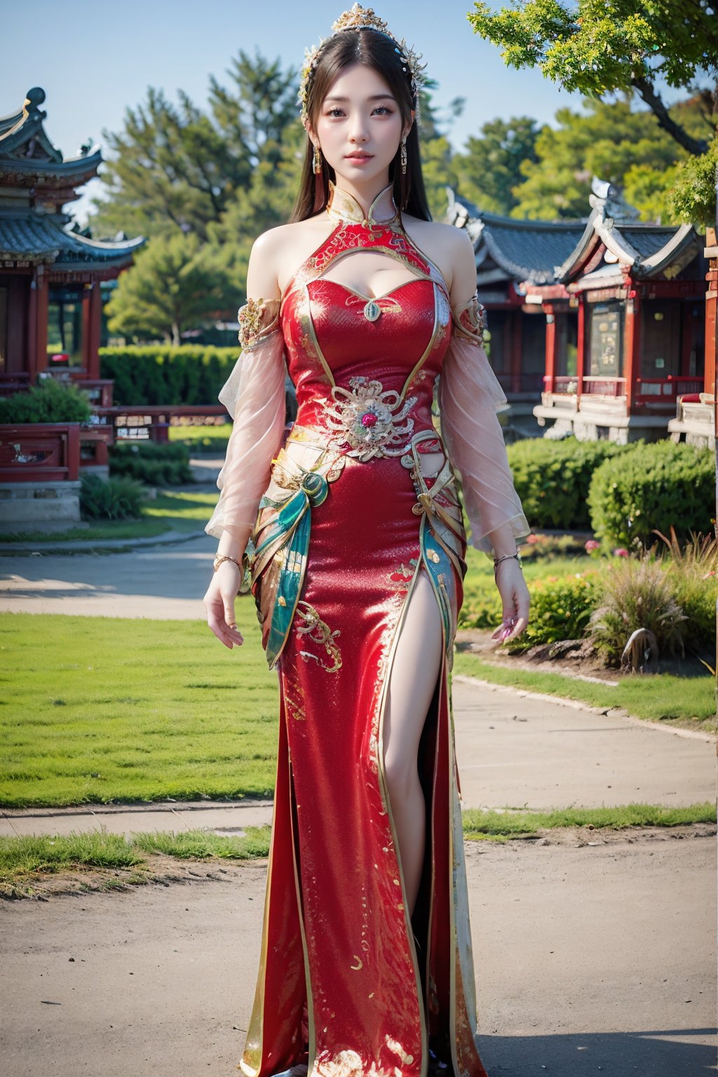 CAFC,1girl,solo,long hair,earrings,jewelry,hair accessories,full body,suburban scenery,east asian,chinese style architecture,