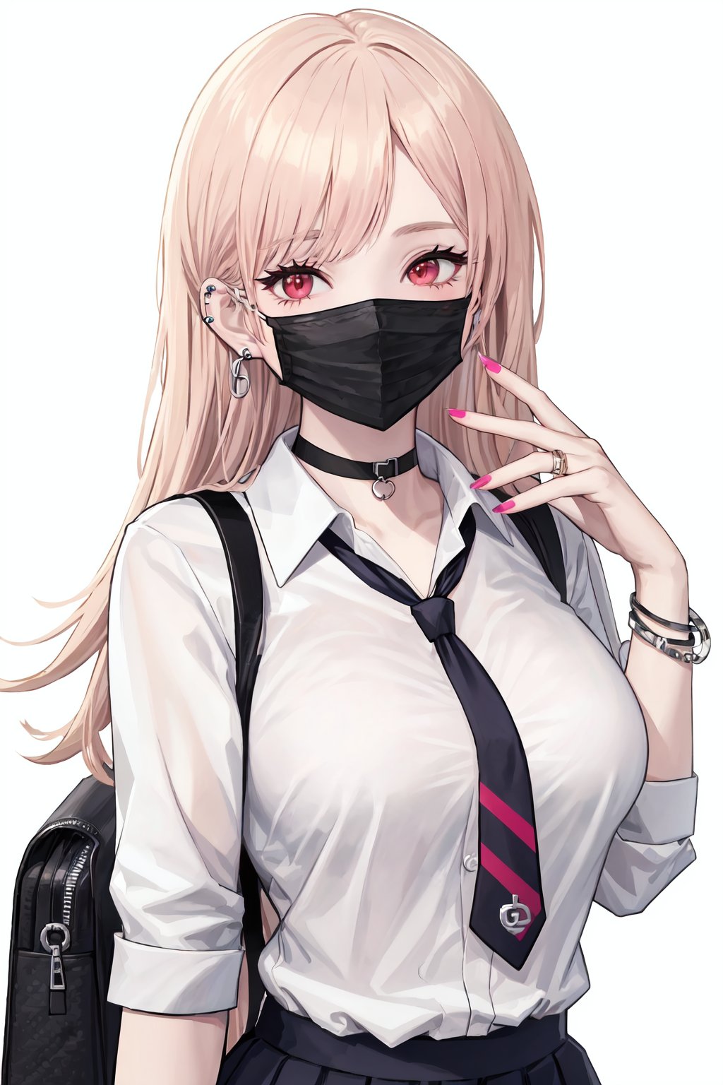 1girl,kitagawa marin,blonde hair,solo,shirt,choker,black choker,necktie,long hair,school uniform,white background,red eyes,white shirt,mouth mask,looking at viewer,simple background,jewelry,earrings,bangs,collared shirt,blush,upper body,pink nails,v,bag,nail polish,industrial piercing,breasts,barbell piercing,fingernails,long fingernails,gyaru,head tilt,