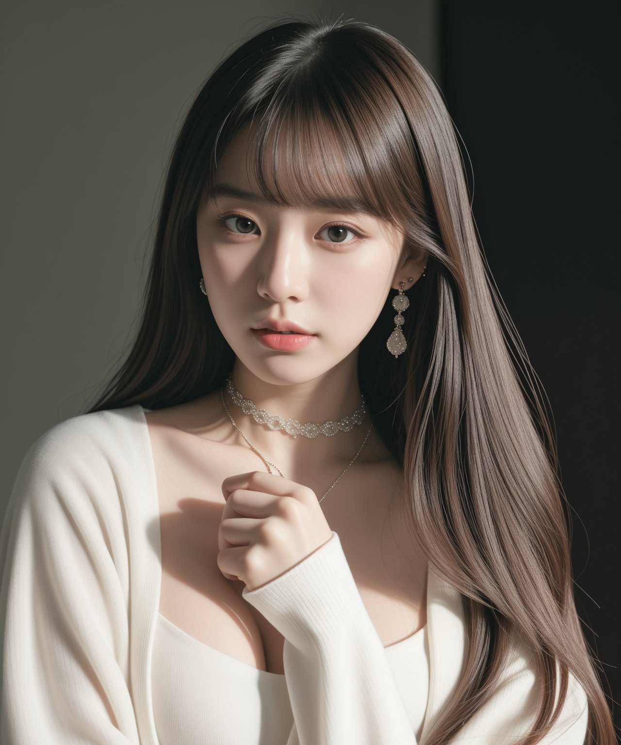 (masterpiece:1.35),(best-quality:1.4), 8k, ultra-detailed, photography, (ultra-realistic:1.4), film grain, portrait photo of 23 years old J-pop woman in white cardigan, (flowing long hair, run her hand through her hair), earrings, choker, cleavage, pale skin, (pout, thin lip), hard shadows, simple background, (instagram photo),