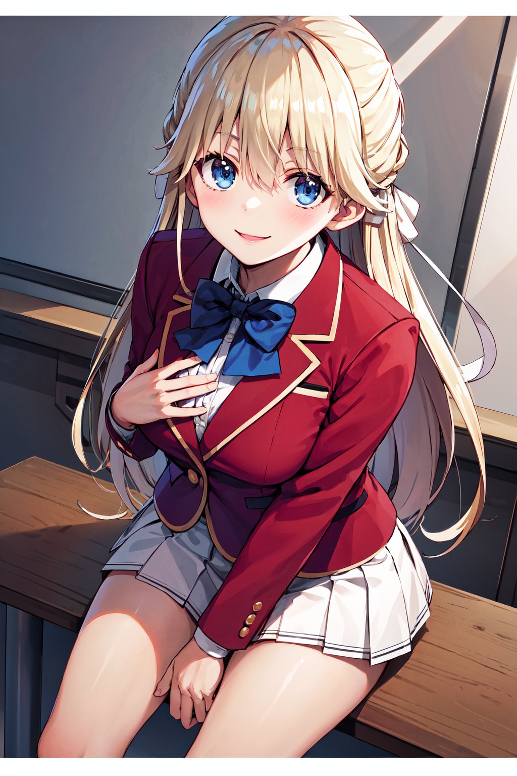 masterpiece, best quality, highres, 1girl, solo, long hair, blonde hair, hair ribbon, bangs, blue eyes, blue bowtie, collared shirt, blazer, red jacket, long sleeves, pleated skirt, white skirt, <lora:nanase_tsubasa_v1:0.7>, smile, hands on own chest, classroom, sitting