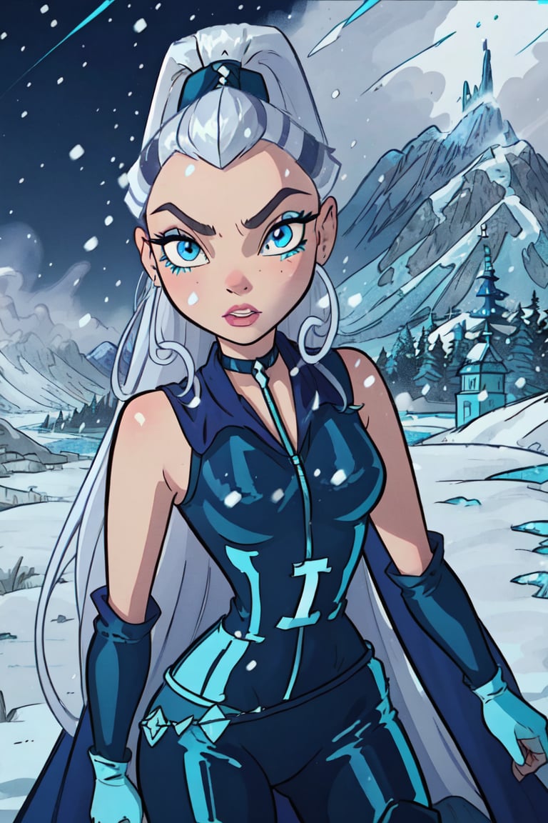 (Icy), blue eyes, white hair, ponytail, very long hair, eyeshadow, (WitchOutfit), sleeveless, (dark-blue bodysuit:1.2), knee boots, gloves, (long blue cloak), snow storm background, snowy background, mountains, blue ambience, snow powers, (realistic:1.2), (masterpiece:1.2), (full-body-shot:1),(Cowboy-shot:1.2), neon lighting, dark romantic lighting, (highly detailed:1.2),(detailed face:1.2), (gradients), colorful, detailed eyes, (detailed landscape:1.2), (natural lighting:1.2), close shot, solo, <lora:WinxClubIcy-10:0.9> <lora:add_detail:0.3> <lora:BeautifulEyes:0.6>