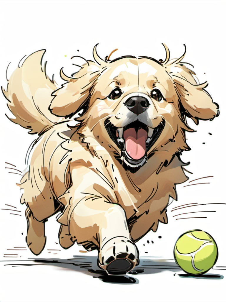 <lora:luXL毛躁手绘Fuzzylines_lora_resized:0.8>, fuzzylines, sketch, a happy Golden Retriever, running, fetching tennis ball, motion blur, fluffy,