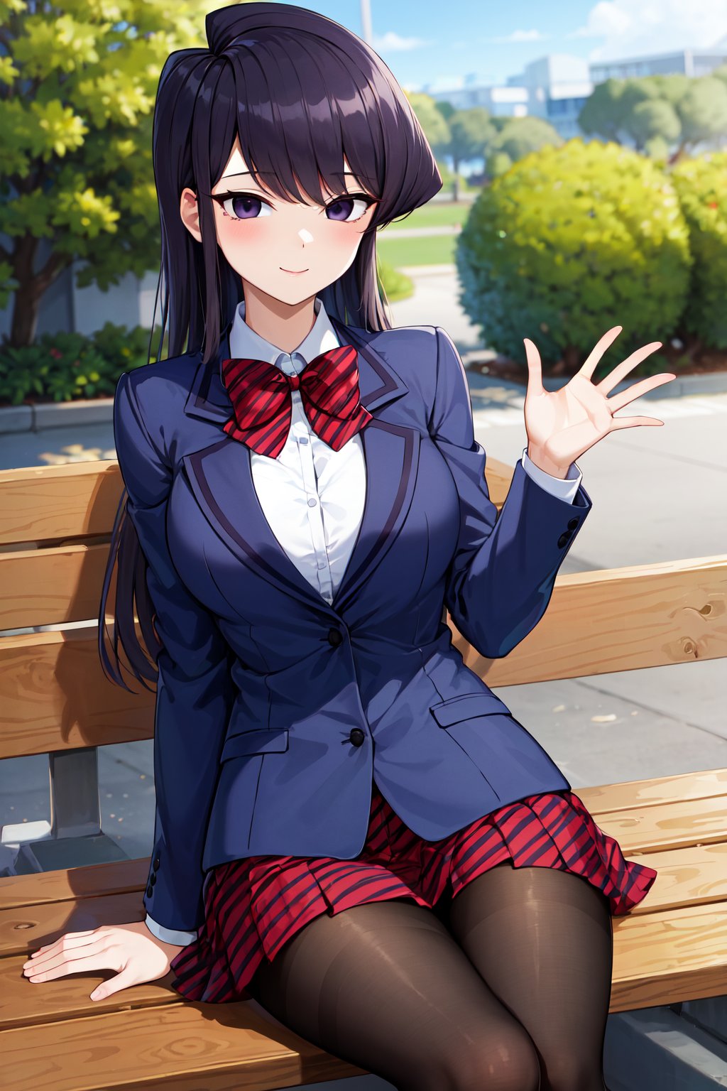 masterpiece, best quality, highres, aashouko, long hair, breasts, school uniform, striped bowtie, red bowtie, blazer, blue jacket, long sleeves, pleated skirt, striped skirt, red skirt, black pantyhose, <lora:komi_shouko_v1:0.7>, waving, smile, sitting, bench, outdoors