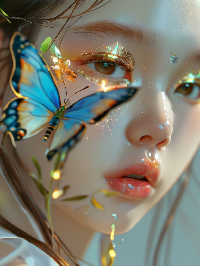 zhuangrong,1girl,solo,bug,butterfly,brown eyes,close-up,parted lips,brown hair,lips,portrait,realistic,eyelashes,nose,long hair,blurry,<lora:xlgfzr:1>,