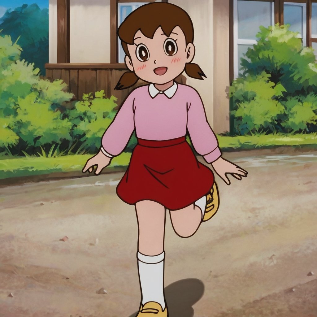 score_9, score_8_up, score_7_up, score_6_up, score_5_up, score_4_up, source_anime,minamoto shizuka,1girl, solo, skirt, outdoors, brown hair, socks, white socks, twintails, red skirt, shoes, smile, shirt, open mouth, brown eyes, pink shirt, looking at viewer, short twintails, kneehighs, collared shirt, long sleeves, :d, day, bright pupils, white pupils, house, low twintails, short hair, running, yellow footwear, blush, masterpiece, perfect face, best quality, beautiful eyes, shiny eyes, anime coloring, anime screencap, absurdres, outdoors, <lora:minamoto shizuka auti 918:0.8>