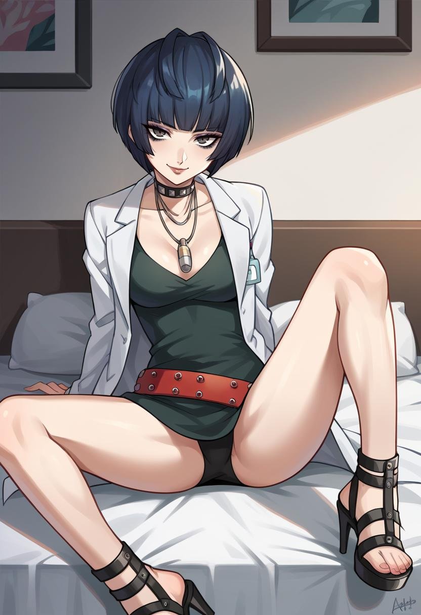 score_9, score_8_up, score_7_up, source_anime BREAK 1girl, solo,   <lora:zs_TakemiXL:1>takemip5, short hair, black hair, blue hair, labcoat, black dress, belt, choker, necklace, cleavage, high heels makeup, eyeliner, bedroom, bed, sitting, looking at viewer, seductive smile, spread legs,  assertive female, 