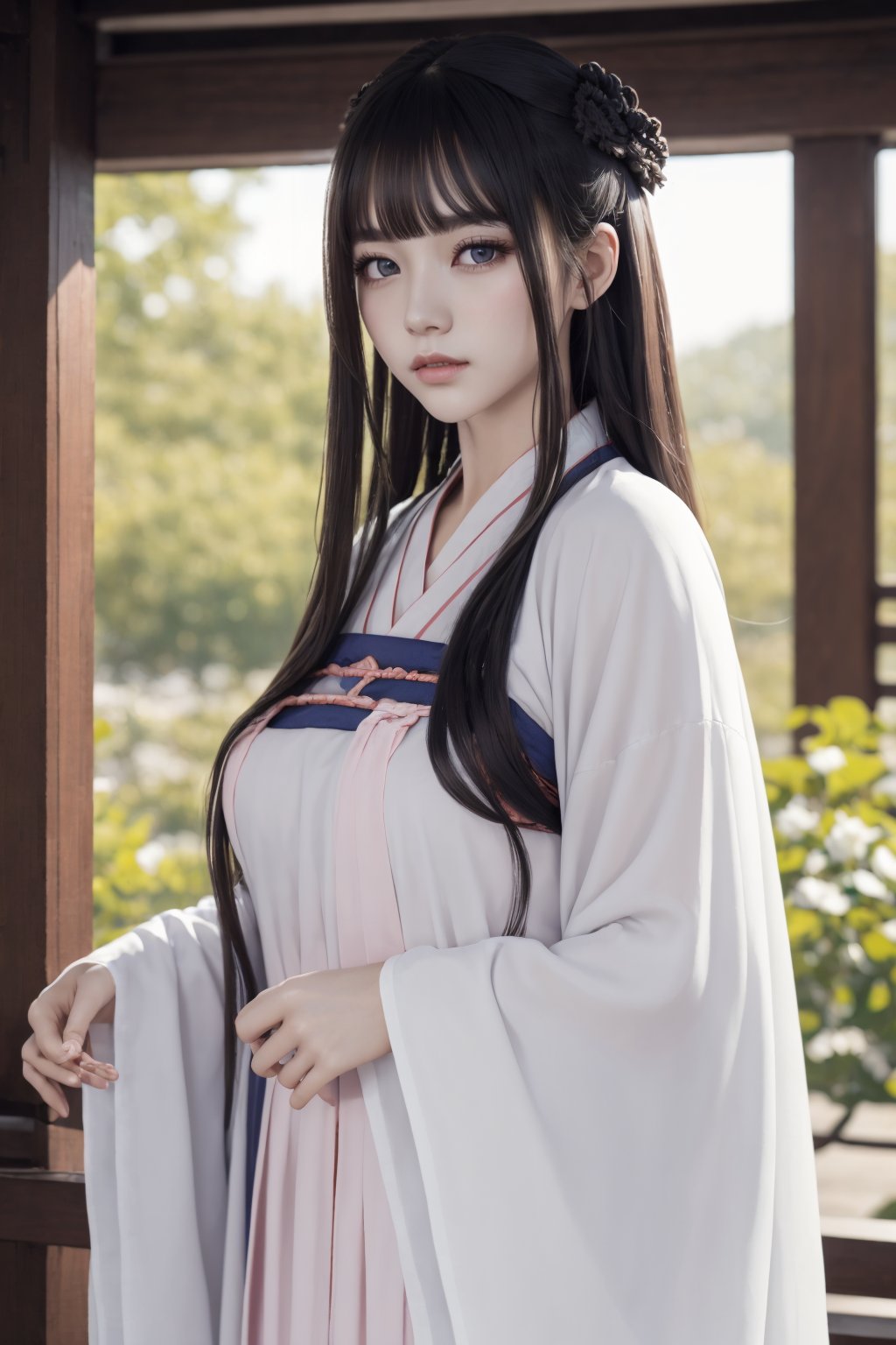 masterpiece,best quality,highly detailed,Amazing,finely detail,extremely detailed CG unity 8k wallpaper,score:>=60,gufenghanfu,1girl,looking at viewer,white dress,hanfu,long sleeves,wide sleeves,standing,<lora:lihua1-000006:0.7>,upper body,large breasts,