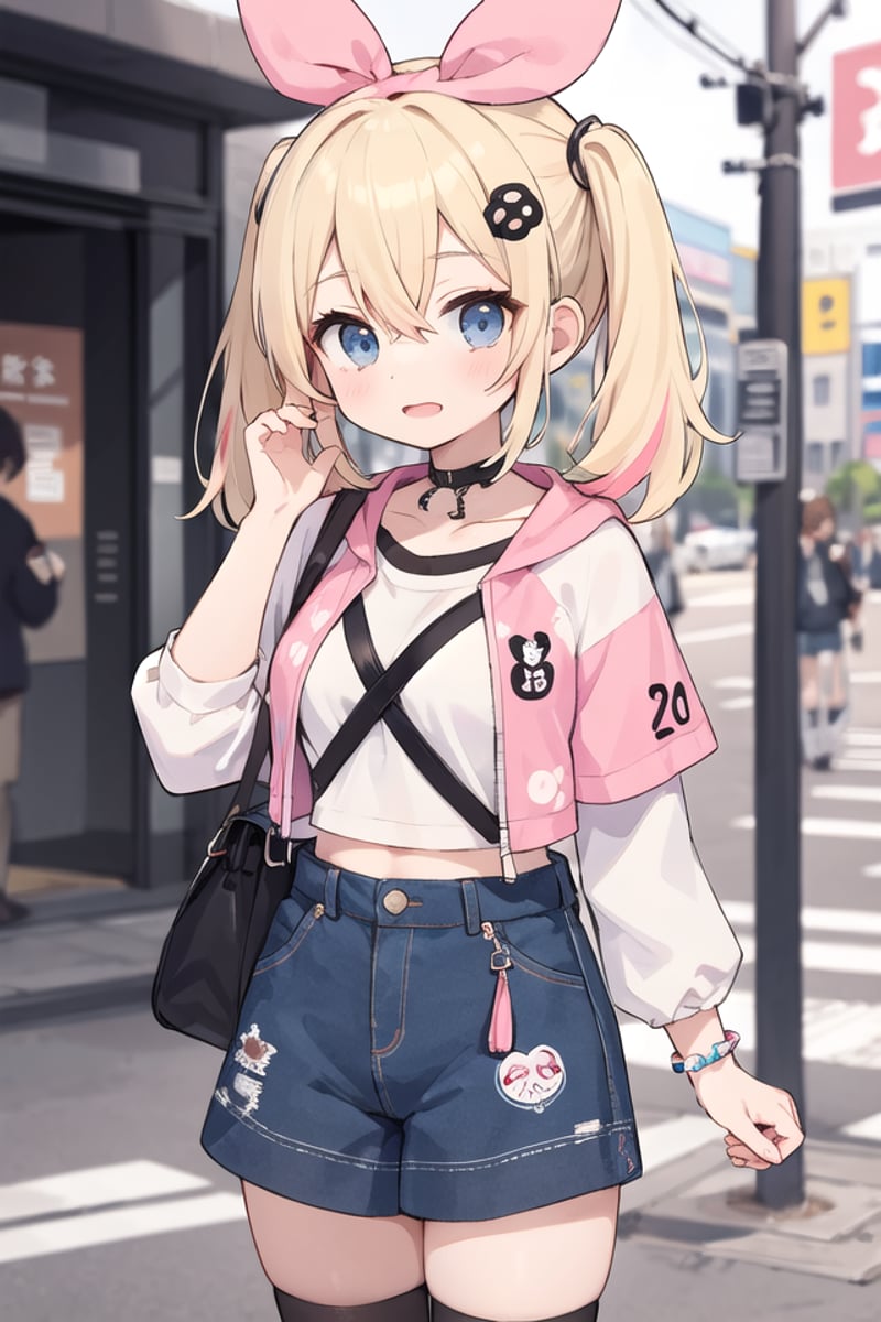 <lora:hotarumouth_type5_v100:1>insanely detailed, absurdres, ultra-highres, ultra-detailed, best quality,1girl, solo, nice hands, perfect handsBREAK(Harajuku-style Decora pank fashion:1.5), (girl with layered colorful clothing:1.3), (multiple hair clips),    knee-high socks with different patterns, carrying a plushie, standing in front of a graffiti wallBREAK(nsfw:-1.5)BREAKexpressionless, open mouthBREAK45 angle,standing, cowboy shot, looking at viewerBREAKslender, kawaii, perfect symmetrical face, ultra cute girl, ultra cute face, ultra detailed eyes, ultra detailed hair, ultra cute, ultra beautifulBREAKin street, cityscape in harajuku, depth of field, ultra detailed backgroundBREAKmedium large breastsBREAK(blonde hair, blue eyes:1.2), spiked hair, hair between eyes