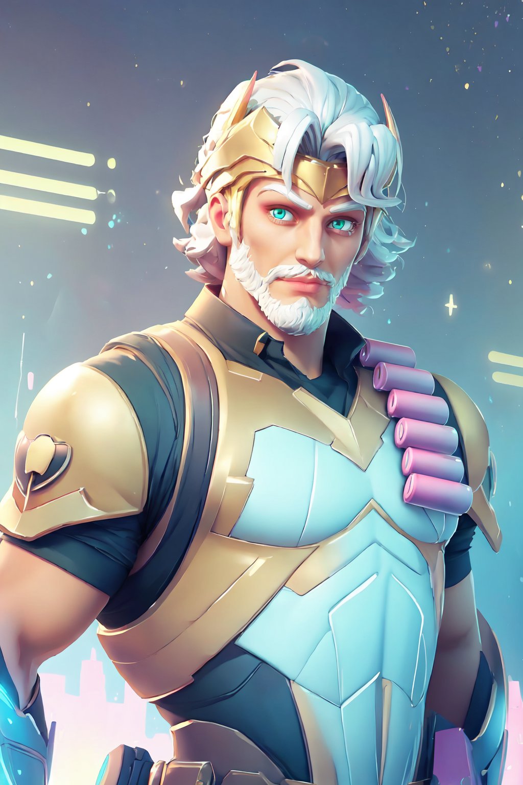 <lora:zeusfortnite-09:0.5> zeusfortnitev1, 1boy, white skin, white hair, mature male, green eyes, shotgun shell bandolier, facial hair, golden armor, looking at viewer,  <lora:KawaiiTech:1> kawaiitech, pastel colors, kawaii, cute colors, scifi