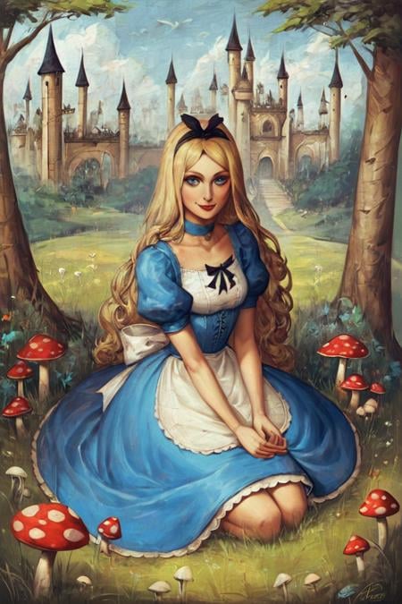 score_9, score_8_up, score_7_up, score_6_up, score_5_up, score_4_up, mushroom, 1girl, blue eyes, blonde hair, dress, alice (alice in wonderland), castle, long hair, solo, choker, grass, blue dress, outdoors, puffy sleeves, makeup, smile, sitting, day, red lips <lora:Gothic Art  Style SDXL_LoRA_Pony Diffusion V6 XL:1>