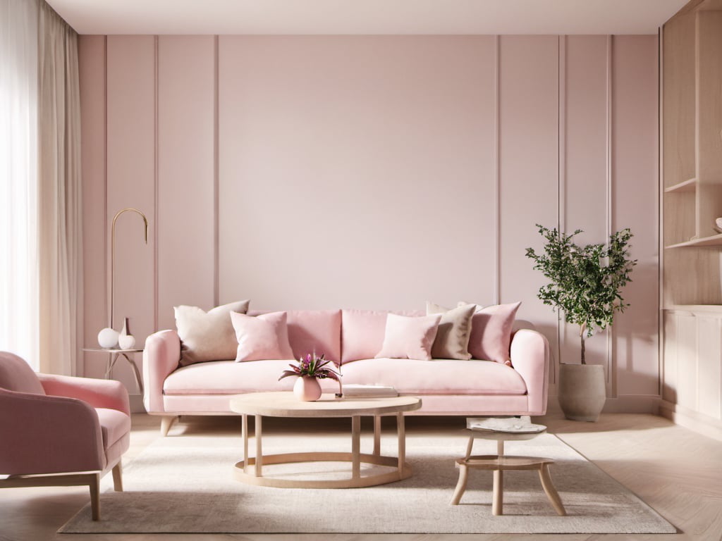 XCYP HOME, living room Interior design, style of pink and Cream,minimalistic, monochromatic,photography, furniture design,Photographed with natural light and high contrast,ultra detailed, Photorealistic, 16K, unreal engine,