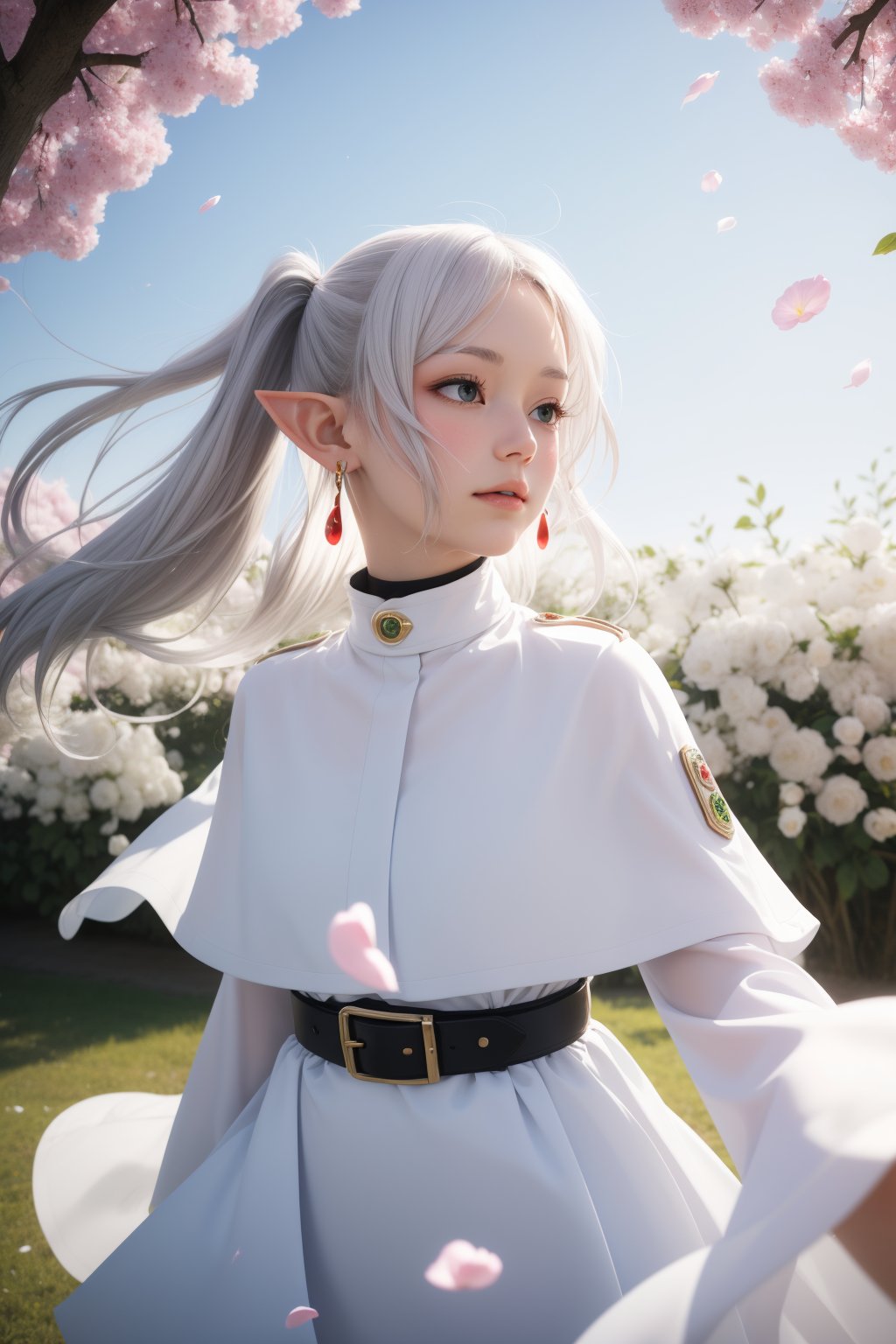 best quality,pastel color,frieren,1girl,long hair,pointy ears,twintails,jewelry,elf,earrings,capelet,white capelet,long sleeves,parted bangs,dress,belt,(flowers:1.2),forlorn look,lots of light particles,(Depth Of Field:1.2),Blowin' in the wind,(white Petals dancing in the wind:1.1),fisheye,Look up at the sky in the distance,<lora:lbc_Frieren24324_v1.0:1>,