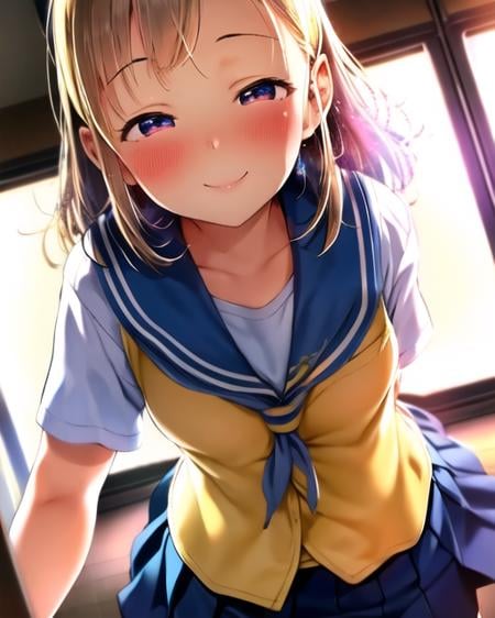 (pija pianissimo), 1girl, blush, smile, cowboy shot, dynamic angle, arms behind back, small breasts, looking_at_viewer, school_uniform, shirt, skirt,  <hypernet:pija-23200:1>