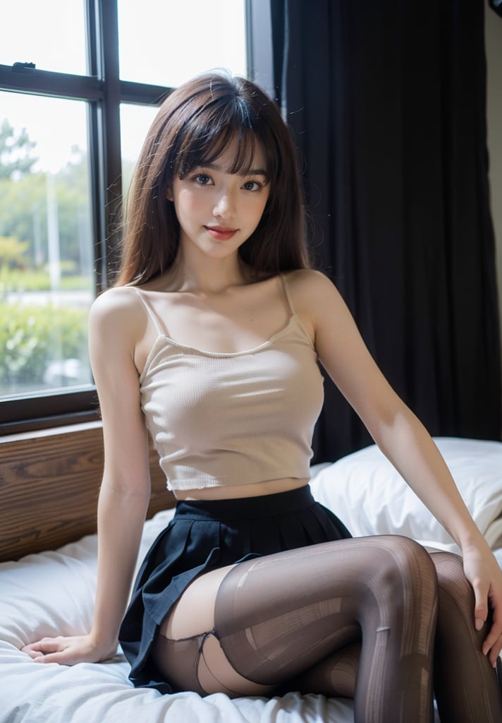 1girl, solo, pantyhose, skirt, torn pantyhose, torn clothes, long hair, brown hair, breasts, indoors, looking at viewer, smile, sitting, pleated skirt, black skirt, window, parted lips, brown eyes, realistic, lips, camisole, bare shoulders, large breasts, on bed, bed, crop top, brown pantyhose, <lora:破损--黑丝真实感:0.8>