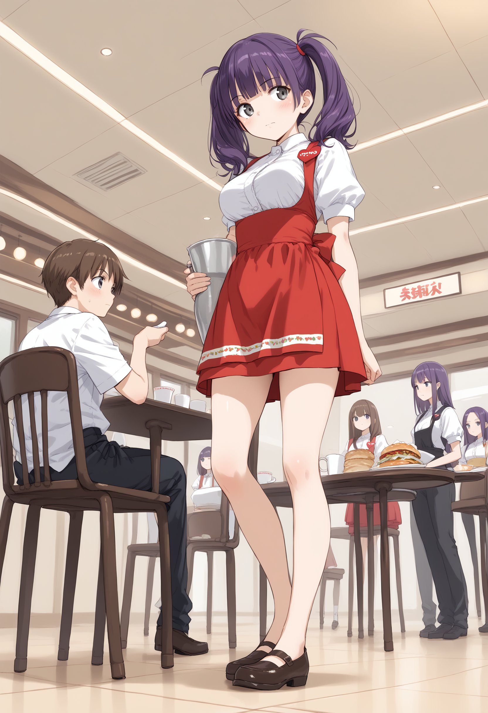 1girl, medium breasts,anna miller ,waitress,name tag,high-waist skirt,suspender skirt, apron,restaurant,  <lora:annamiller_Pony_v1:0.8>from below, full body, looking to the side, purple hair, gray eyes,grimace, closed mouth, tri tails hair,