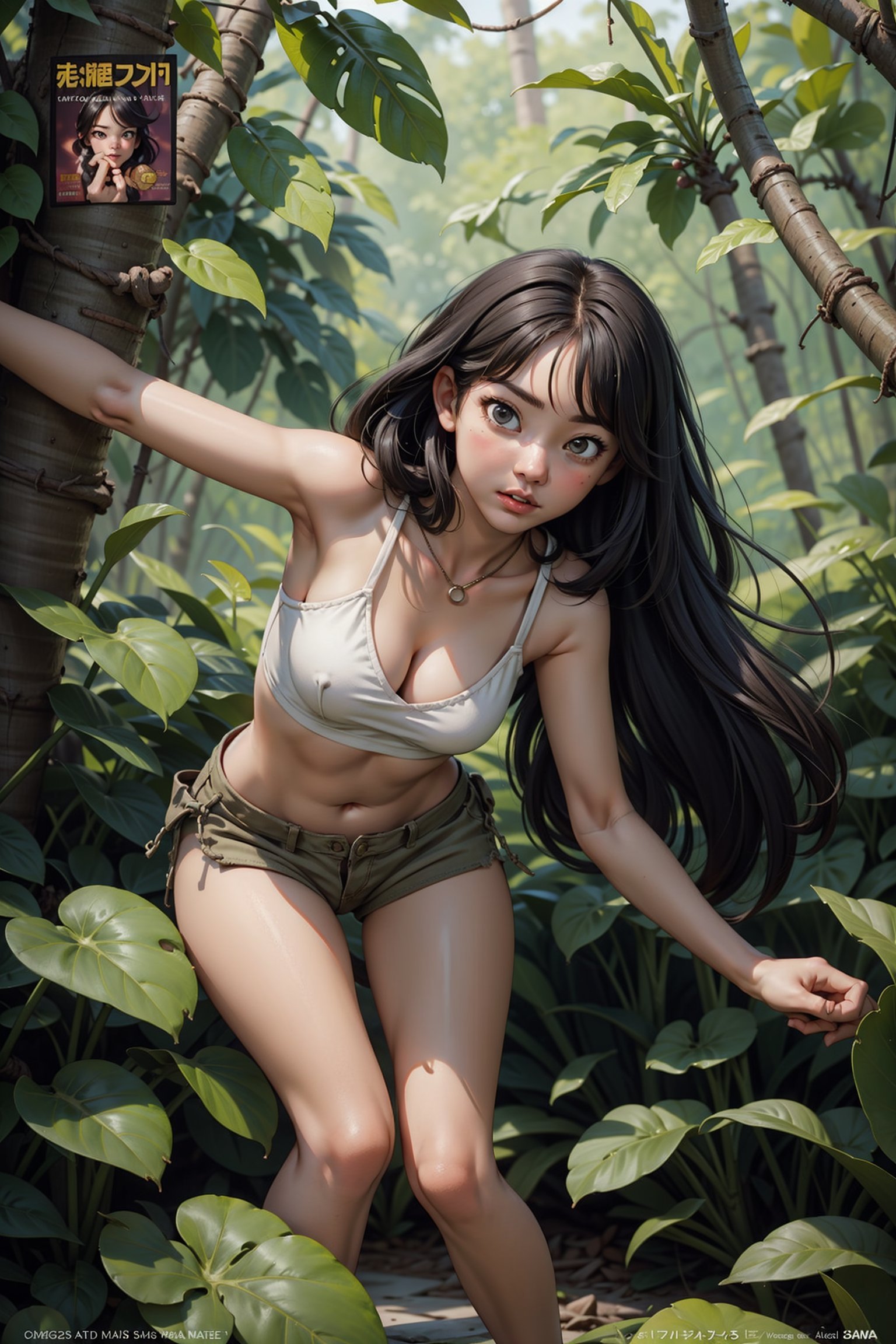 a girl in the jungle, comic cover style, action pose,