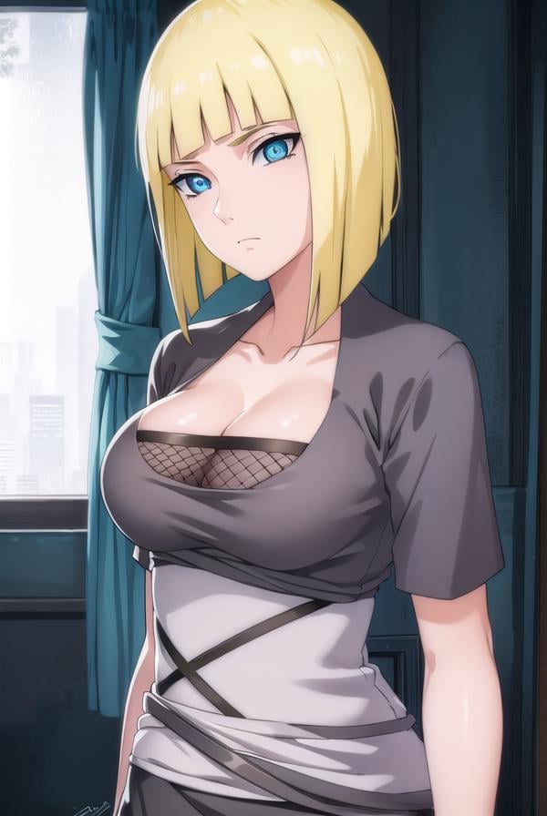 samui, <lora:samui-lora-nochekaiser:1>, samui, blue eyes, blonde hair, short hair, bangs, blunt bangs,BREAK cleavage, fishnets, dress, grey dress, skirt, grey skirt,BREAK cowboy shot, looking at viewer, BREAK indoors,BREAK <lyco:GoodHands-beta2:1>, (masterpiece:1.2), best quality, high resolution, unity 8k wallpaper, (illustration:0.8), (beautiful detailed eyes:1.6), extremely detailed face, perfect lighting, extremely detailed CG, (perfect hands, perfect anatomy),