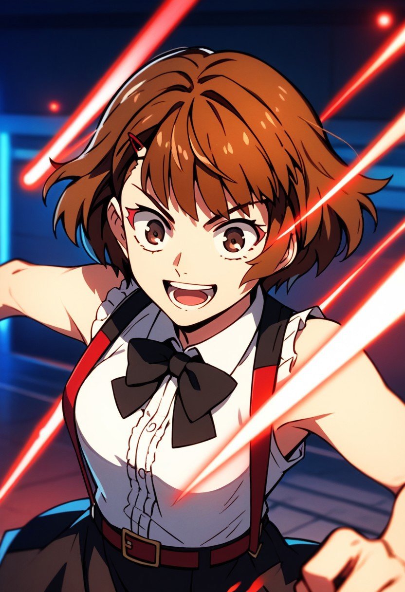 score_9,score_8_up,score_7_up,source_anime, Androssi Zahard,hairclip,1girl,solo,smile,open mouth,short hair,shirt,skirt,brown hair,hair ornament,bow,ribbon,brown eyes,white shirt,frills,sleeveless,hairclip,belt,bowtie,black skirt,parody,suspenders,suspender skirt,firing,laser,