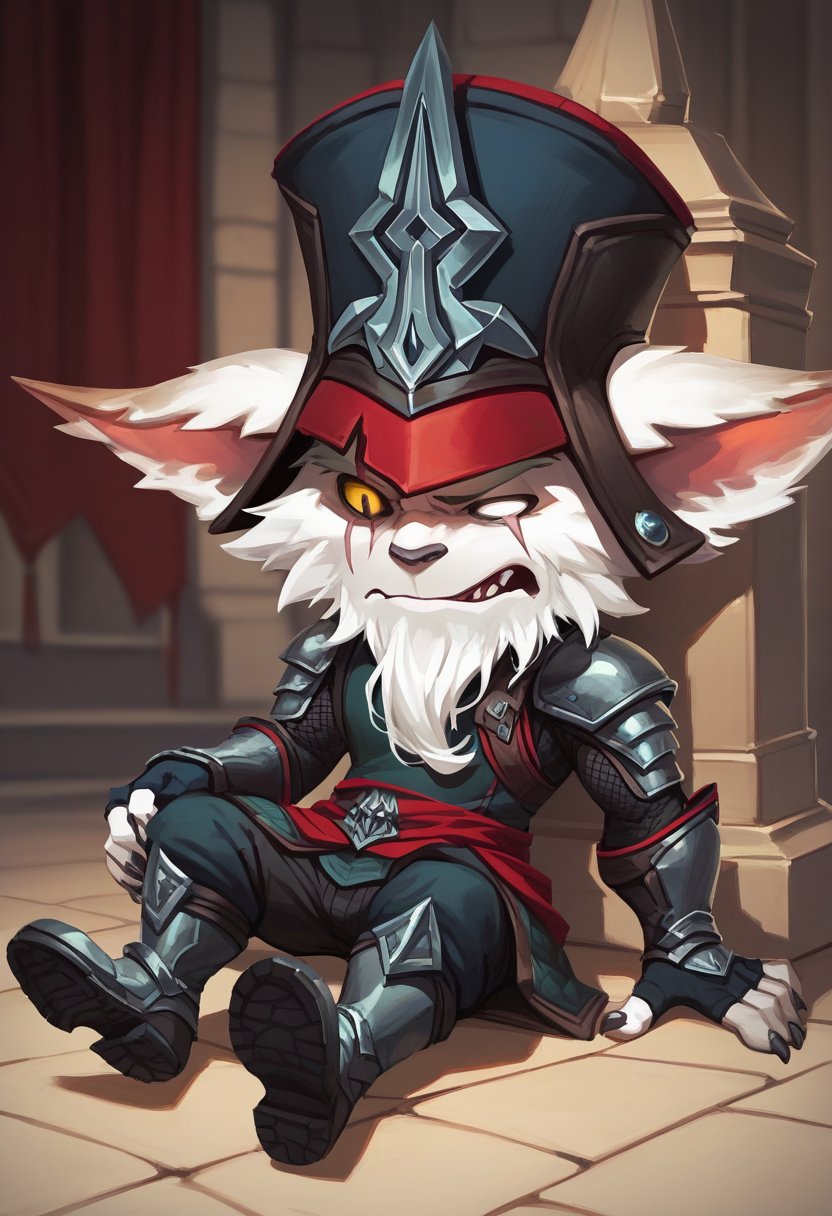 score_9, score_8_up, score_7_up, score_6_up, kl3d, 1boy, yordle, male focus, yellow eyes, white eye,scar across eye, one-eyed, facial hair, beard,  hat, black headwear, ears through headwear, armor, gloves, fingerless gloves, pants, boots , <lora:Kled_Default_v1:0.7>, castle, indoors, sitting, (sad)