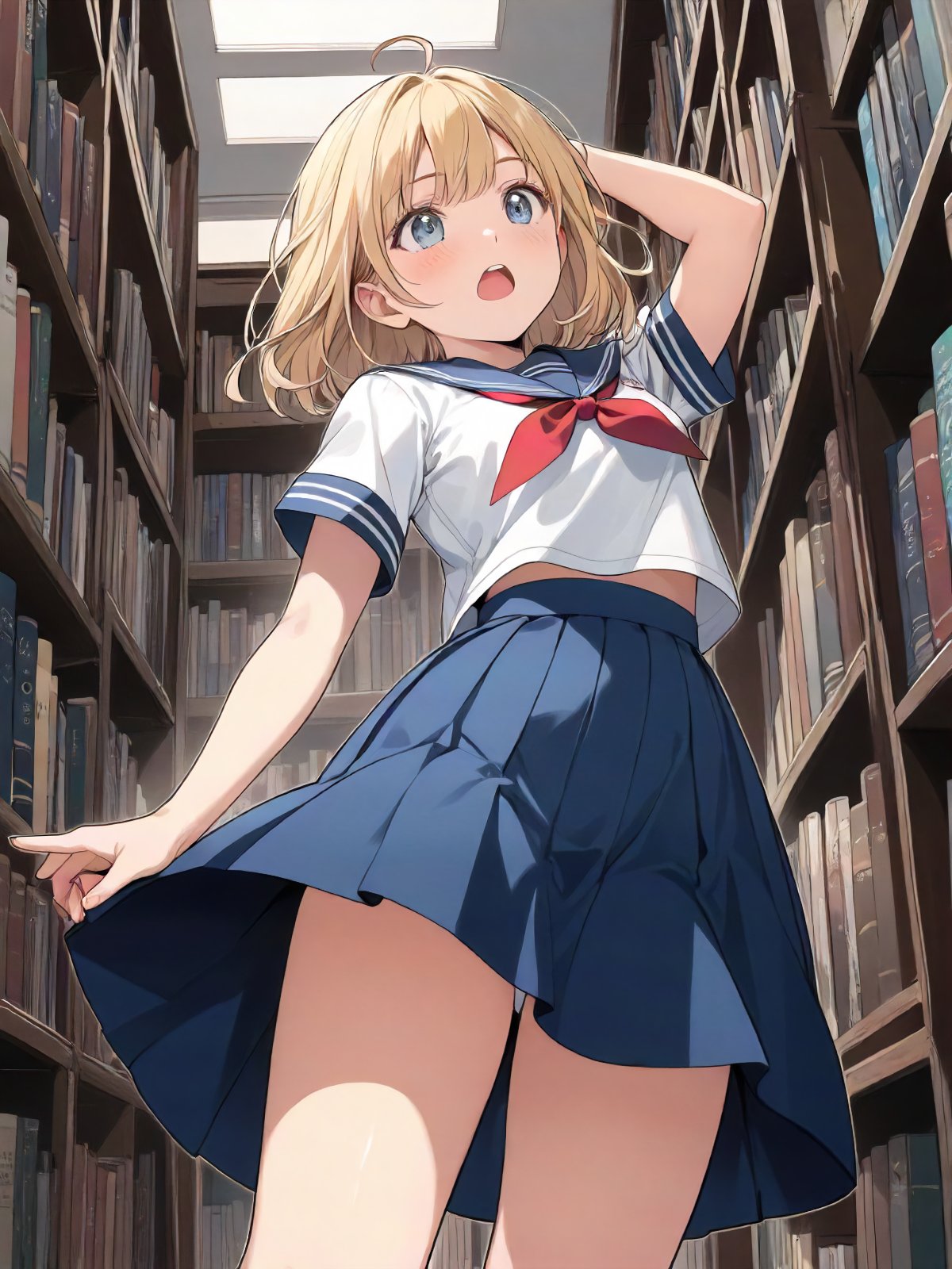 Masterpiece, thin outline, great workmanship, award-winning work, line art, thin lines, fine detail, pastel colors, natural colors, perfect shading, analog tones, manga style, full screen,  young girl, small body, blonde hair, bobbed hair, carly hair, ahoge, flat chest, Short-sleeved sailor suit, red neckerchief, light blue collar, blue skirt, white socks, loafers, white panties under skirt, An ancient library with a large collection of books, a girl standing on tiptoe, stretching her back and reaching for the top bookshelf.  She can't reach the books, so she reaches one hand wide up with her eyes closed., with her eyes closed., Low Angle, looking at another, looking up, canted angle,  Back shot, a little angry, watery eyes