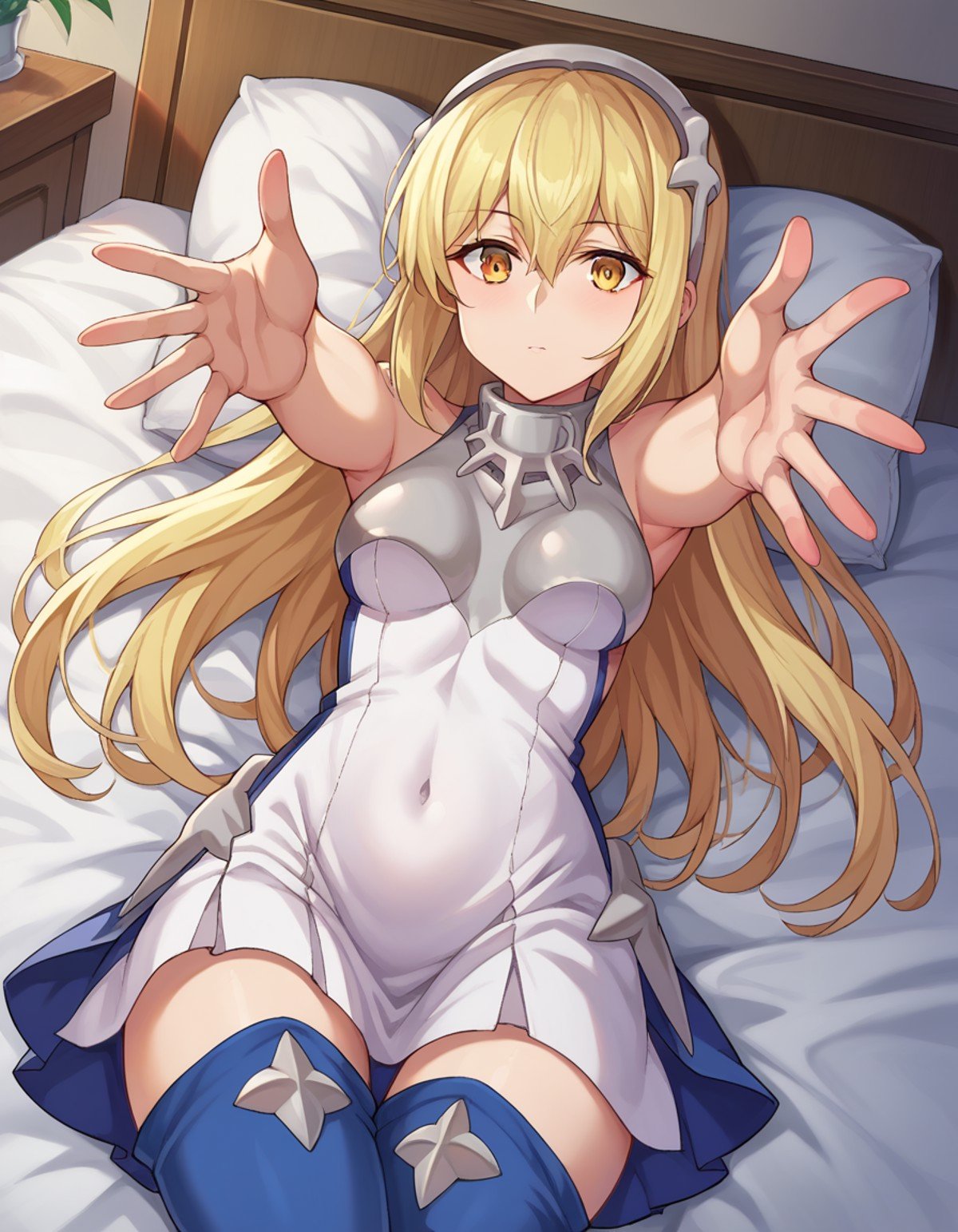 score_9, score_8_up, score_7_up, source_anime,aizwallenstein, <lora:aiz-wallenstein-ponyxl-lora-nochekaiser:1>,aiz wallenstein, blonde hair, hair between eyes, hairband, long hair, yellow eyes, sidelocks,blue thighhighs, covered navel, dress, multicolored clothes, multicolored dress, taut clothes, taut dress, thighhighs,indoors, bed, bed room, on back, arm support, arms up, incoming hug, pov, reaching, reaching towards viewer,looking at viewer, dutch angle, cowboy shot,