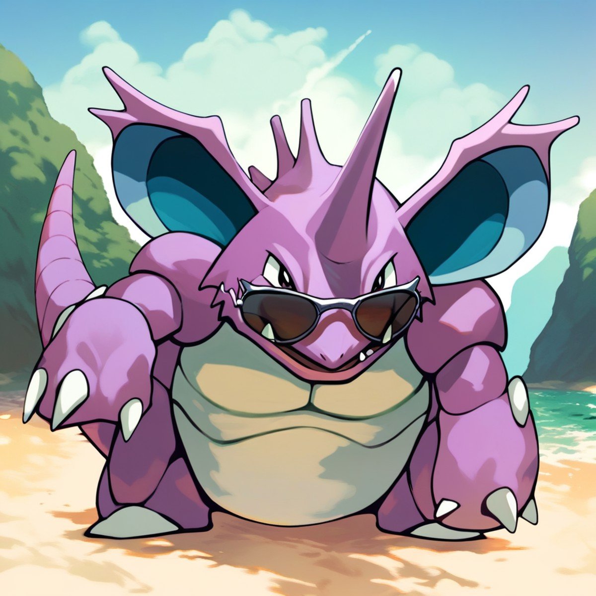 (source_anime, score_9, score_8_up, score_7_up:1), solo male, nidoking, feral, looking at viewer, sunglasses, outdoors, beach