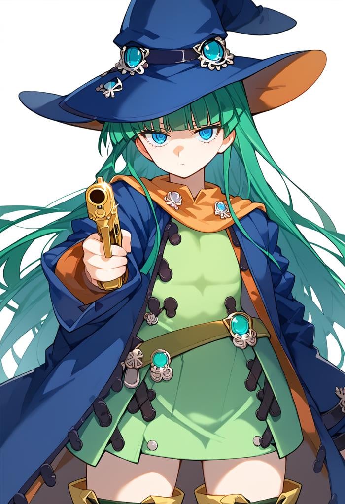 score_9, score_8_up, score_7_up, source anime, shizuka, 1girl, blue eyes, green hair, long hair, green dress, open coat, witch hat, belt, thigh boots, yellow footwear, holding gun, aiming, aiming at viewer, finger on trigger, <lora:aim-xl-pony-v3-000016:1>, <lora:naip33:1>, <lora:shizuka-xl-pony-v1-000003:1>, 