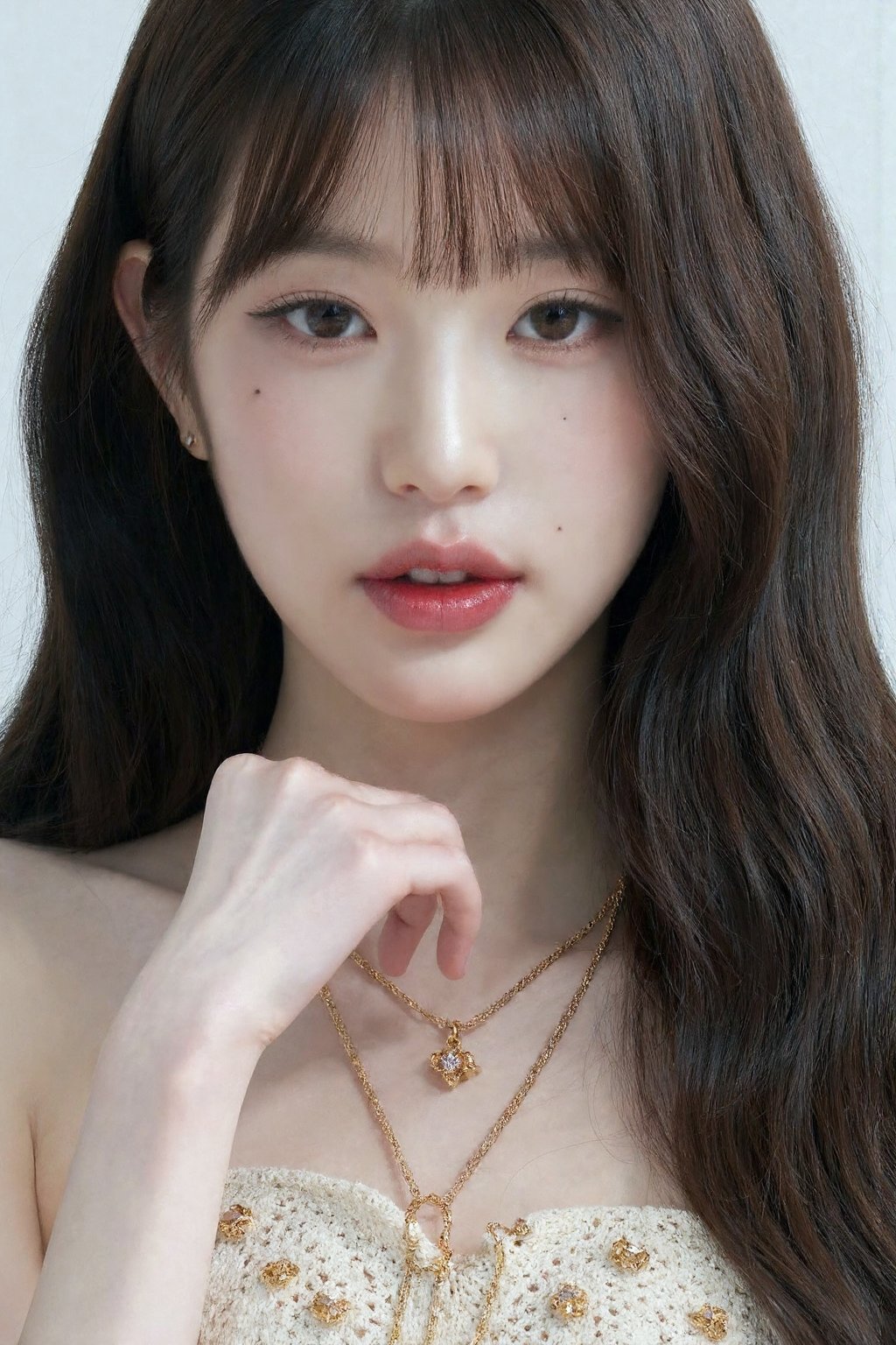 (medium full shot), beautiful korean girl with long hair wearing halter dress, necklace, dslr, soft lighting, high quality, film grain,  light reflections, blood vessels,  pale skin, skin pores,blood vessels in sclera, detailed skin, beauty spots, skin fuzz, <lora:flux_realism_lora:1>,   <lora:makinaflux_wonyoung_v1.2:1>