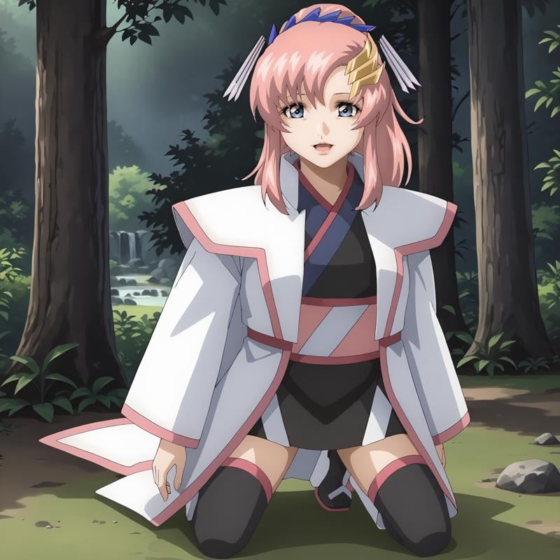 <lora:LacusClyneXLpony002>,smile,looking at viewer,open mouth,solo,LacusClyne,1girl,pink hair,ponytail,blue eyes,hair ornament,white coat,kimono,mini skirt,thighhighs,ankle_boots,outdoors,nature,full body,kneeling,