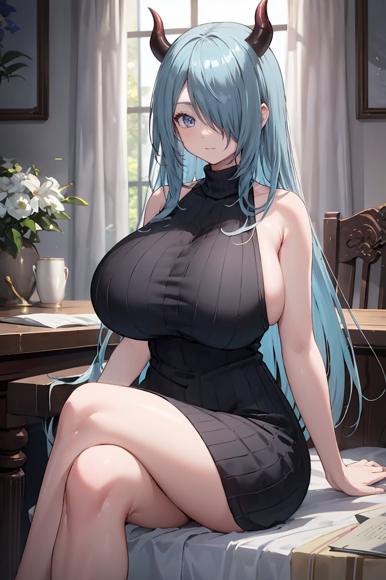 masterpiece, best quality, ultra-detailed, glistening shiny, glowing light, ray tracing, HDR, deph of field, (perfect face, detailed face), <lora:RosaryCornelica:0.7>, rosarycornelica, long hair, hair over one eye, demon horns, huge breasts, sweater dress, turtleneck, sideboob, bare arms, bare legs, crossed legs, sitting