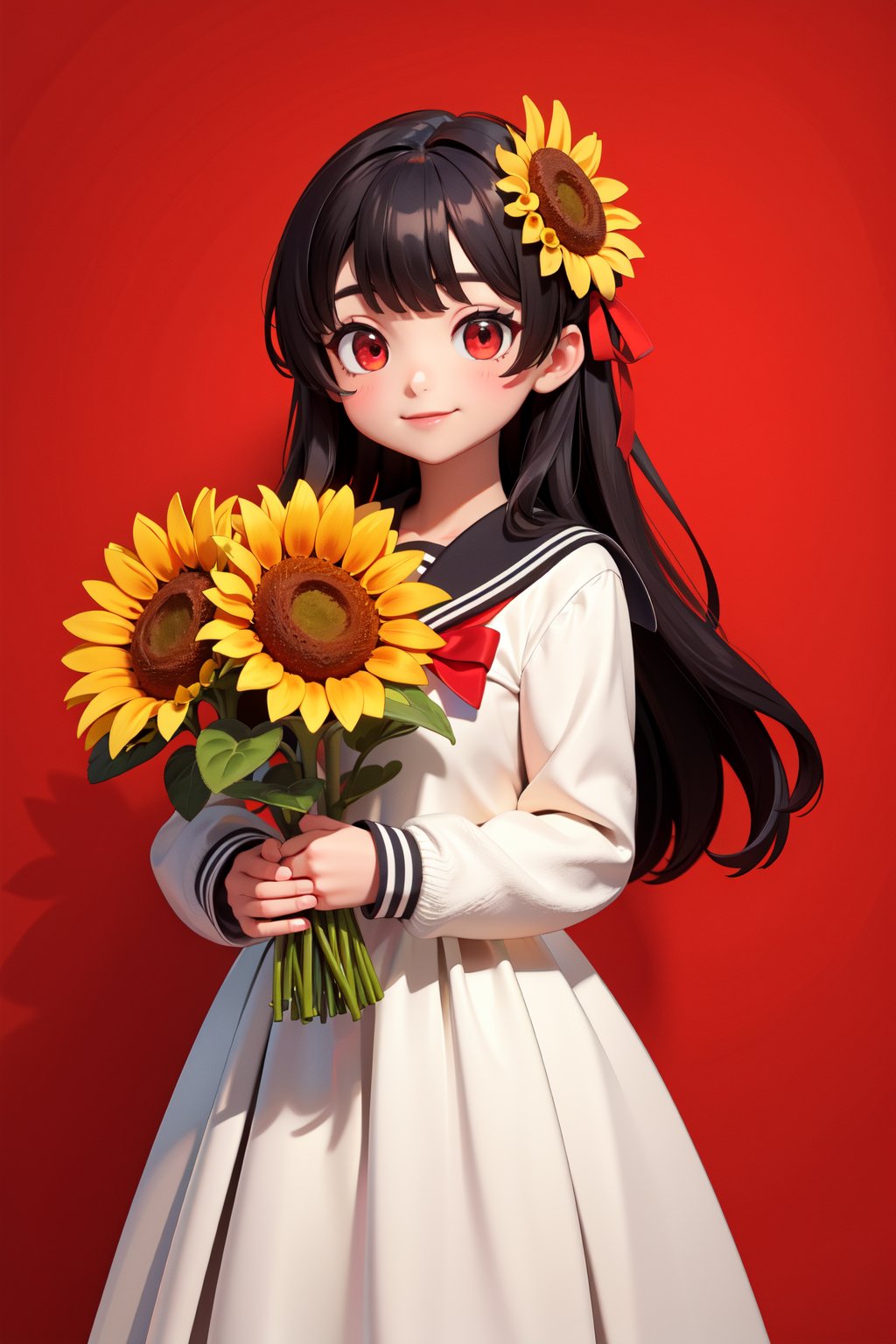 1Girl,long skirt,red eyes,long hair,long sleeves,red clothes,red background:1.1,hand-held,bouquet,hydrangea,leaf,sunflower,plant,ribbon,sailor collar,long hair,long sleeves,smile,solo,(sunflower flower:1.3),upper body,, masterpiece,best quality,very aesthetic,absurdres,