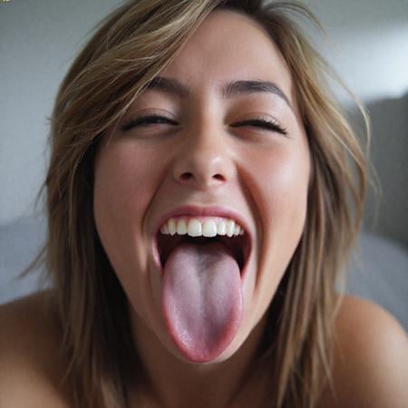 Amateur photography selfie of a young woman face and upper body with open mouth and (tongue out:1.6), [uvula visible], perfect teeth, laughing, ultra high quality, very detailed and photorealistic, (skin pores:0.5) <lora:tongue-step00007500:1>