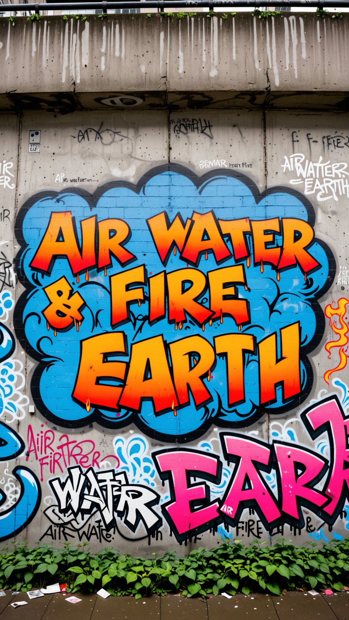 “Photo of a wall in the city. On the wall  we see detailed graffiti, the graffiti text reads "air water fire earth".”