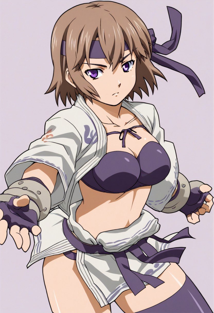 1girl, belt, bra, brown hair, dougi, gloves, fingerless gloves, headband, headwear, pantsu, purple eyes, short hair, tighhighs,