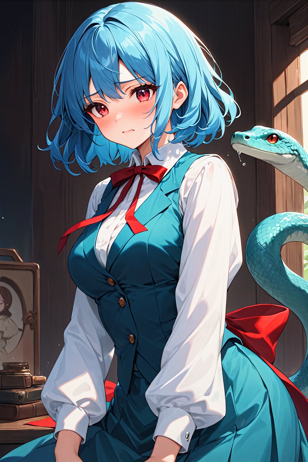(master piece:1.4), (best quality), The highest image quality, excellent detail, ultra-high resolution, best illustration, attention to detail, exquisite beautiful face, 1girl, aqua skirt, bangs, blue eyes, blue hair, blue vest, breasts, embarrassed, frogsnake, heterochromia, long sleeves, medium breasts, neck ribbon, puffy sleeves, red eyes, red ribbon, ribbon, shirt, short hair, simple background, skirt, solo, tatara kogasa, touhou, upper body, v arms, vest, waistcoat, wavy mouth, white shirt,